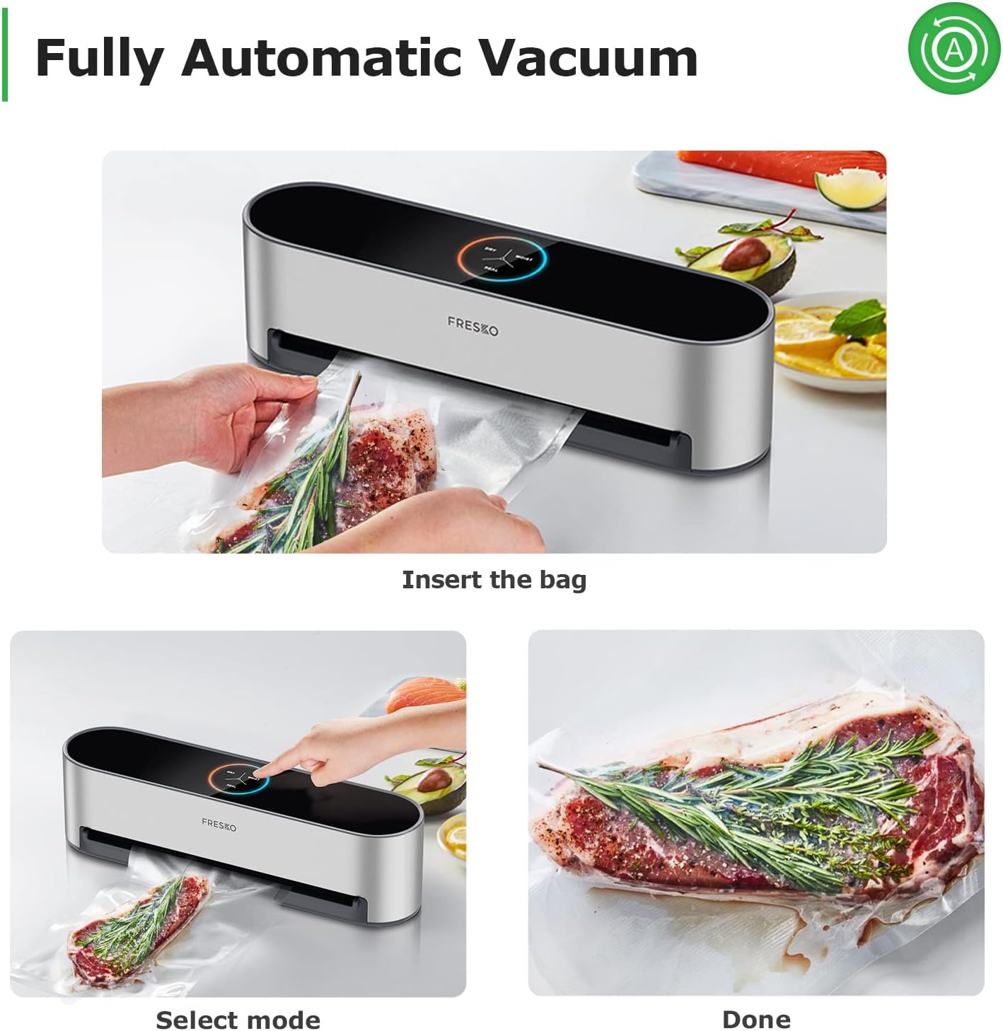 FRESKO Hands-Free Full Automatic Vacuum Sealer Machine with Food Preservation Bags, LED Touch Screen (ETL Certified)