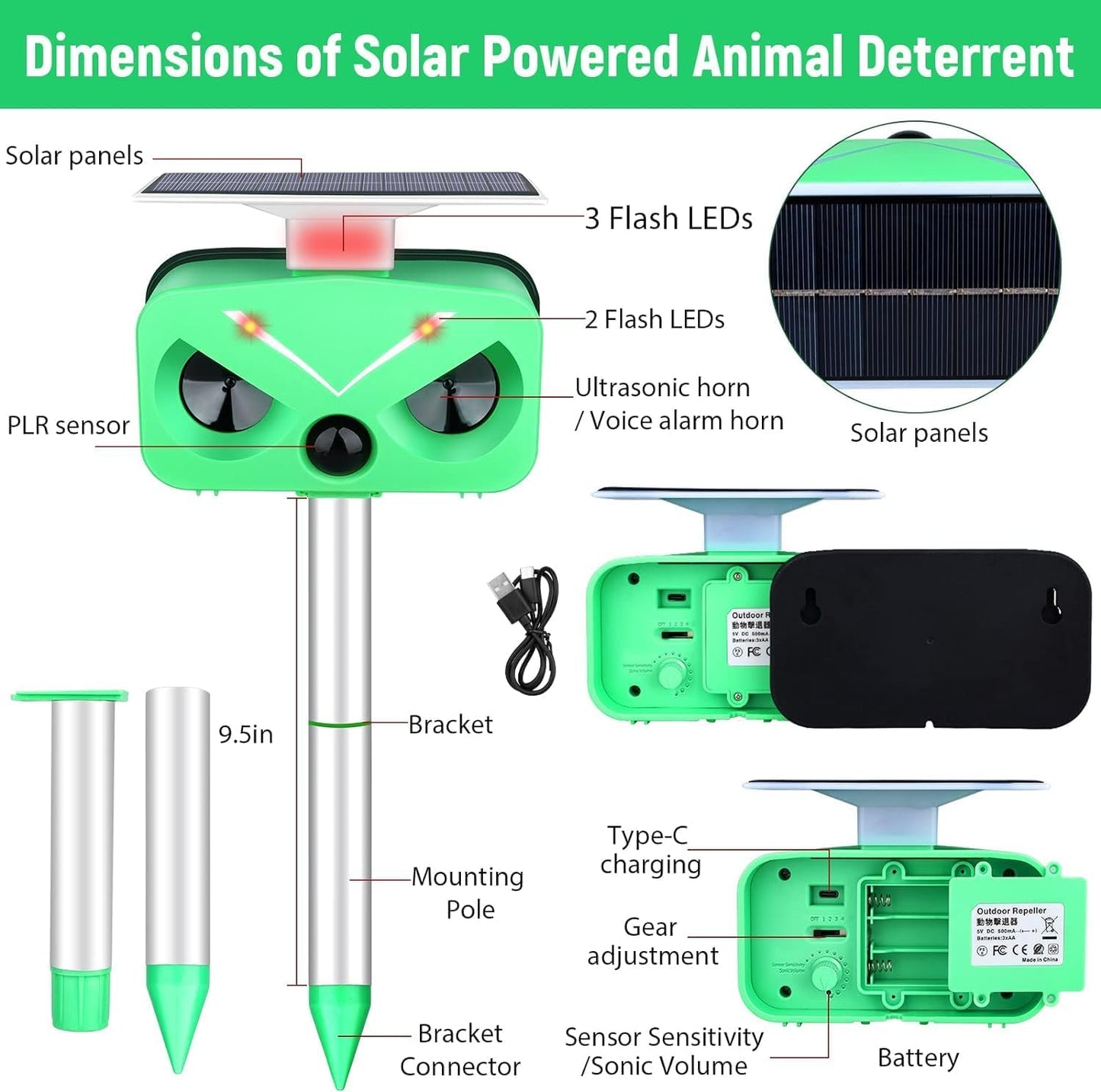 Animal Repellent Outdoor,Ultrasonic Pest Repeller with Motion, Light Sensor and Sound for Cat/Birds/Deer/Skunk/Rat/Squirrel. Deterrent Devices for Yard,Garden,Farm,Patio