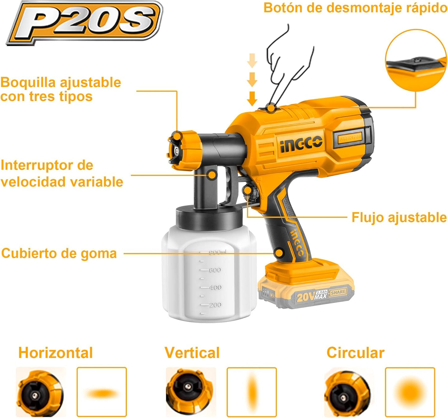 INGCO CSGLI2001 Cordless Lithium-Ion Paint Gun for Walls, Ceilings and Fences 800 ml 40DIN-s 20 V (without Battery or Charger)