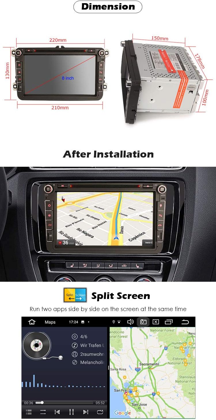 Erisin Car Stereo Bluetooth Sat Nav DAB+ Radio 8-Core 8" Android 10.0 for VW Passat Golf MK 5/6 Touran Skoda Seat Tiguan Jetta Transporter Built-in DVD DSP CarPlay Android Auto WiFi RDS 4GB + 64GB