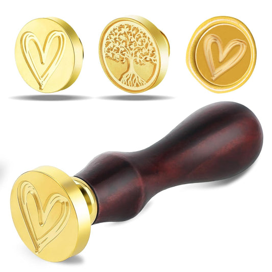 Wax Seal Stamp, Pack of 2 Vintage Removable Brass Head with 1 Piece Wooden Handle DIY Wood Wax Seal Stamp Seal Stamp for Envelope Invitations Cards (Heart Tree)