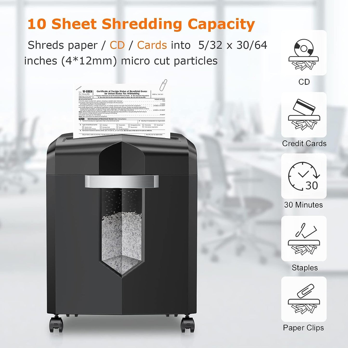 Bonsaii Micro Cut Paper Shredder, Heavy Duty Shredder for Home Office Runs for 30 Mins, 10-Sheet Super Shredders with 4 Casters & 16 Litres Pullout Bin, Shreds CD, Card, Mail, Staple and Clips(C266-B)