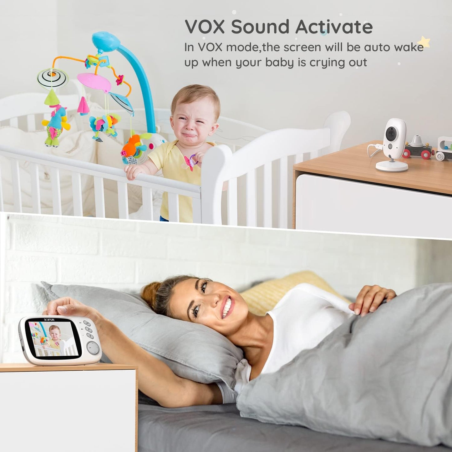 BOIFUN Video Baby Monitor Camera, Night Vision, No WiFi, ECO VOX Mode, 3.2'' Screen, Two-way Audio, Rechargeable Battery, Feeding Reminder, Temperature Monitoring, Smart 8 Lullabies, Elder, Pet, Gift [Energy Class A+++]
