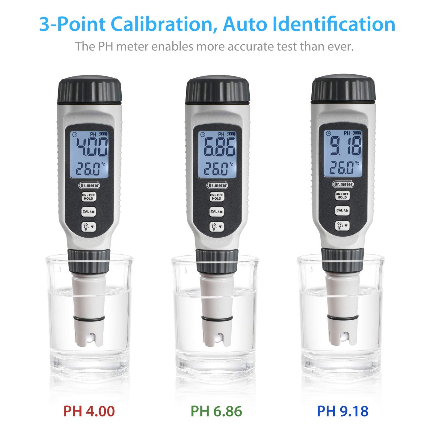 pH Meter, Dr.meter Upgraded 0.01 Resolution High Accuracy PH Tester with Backlit Two-Color LCD Display and ATC, 0-14pH Measurement Range with Data Hold Function Digital pH Tester Pen-PH838