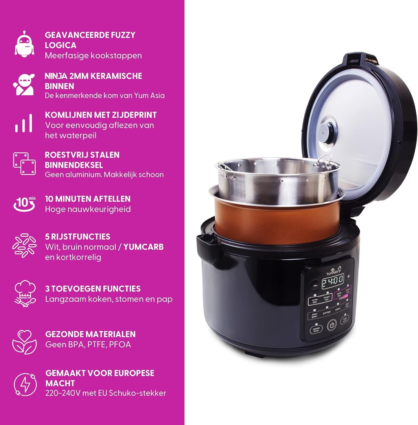 Yum Asia Kumo YumCarb Rice Cooker with Ceramic Bowl and Advanced Fuzzy Logic (5.5 Cups, 1 Litre), 5 Rice Cooking Functions, 3 Multi Cooking Functions, 220-240V EU