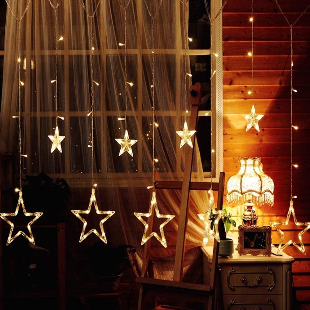 2M Star Curtain Lights 12 Stars 138 LEDs Warm White Star Window Lights with 8 Modes IP44 Waterproof Christmas Curtain Fairy Lights for Home Garden Christmas Wedding Party Holiday