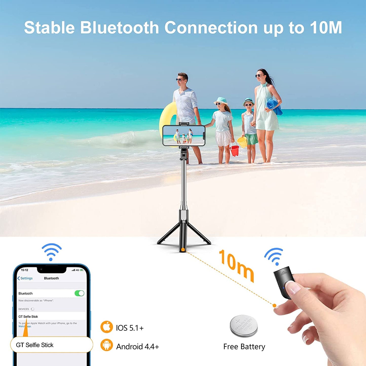 Gritin Selfie Stick, 3 in 1 Bluetooth Selfie Stick Tripod, Extendable and Portable Selfie Stick with Detachable Wireless Remote & Stable Tripod Stand, Compatible with iPhone/Galaxy/Huawei, etc.