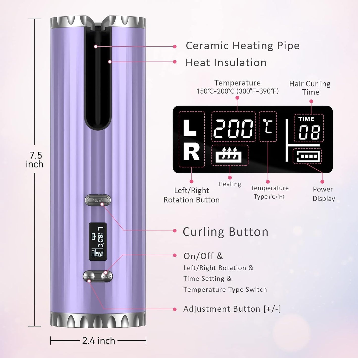 Hair Curler, Automatic Curling Iron with LCD Display, 6 Adjustable Temperature & Timer, Portable USB Rechargeable Rotating Ceramic Curling Wand Fast Heating for Long & Short Hair Home & Travel Use