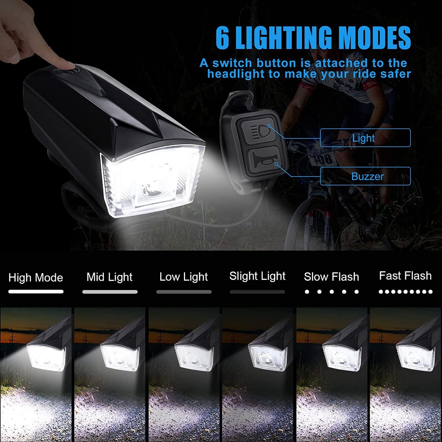 LED Bike Lights Set USB Rechargeable Bicycle Lights 6 Modes Cycle Lights Waterproof Bike Lights Front and Back Cycling Lights Mountain Bike Light MTB Light Road Bike E-Bike Accessories with Buzzer