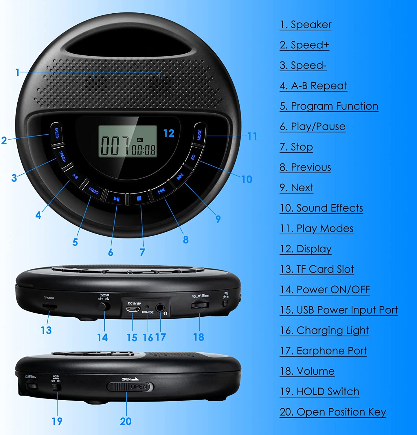 Gueray CD Player Portable Rechargeable with Speaker Dual Stereo 1400mAh CD Walkman CD Discman Backlight Battery Personal CD Player with Headphones Memory Function Anti-Skip Protection LCD Display