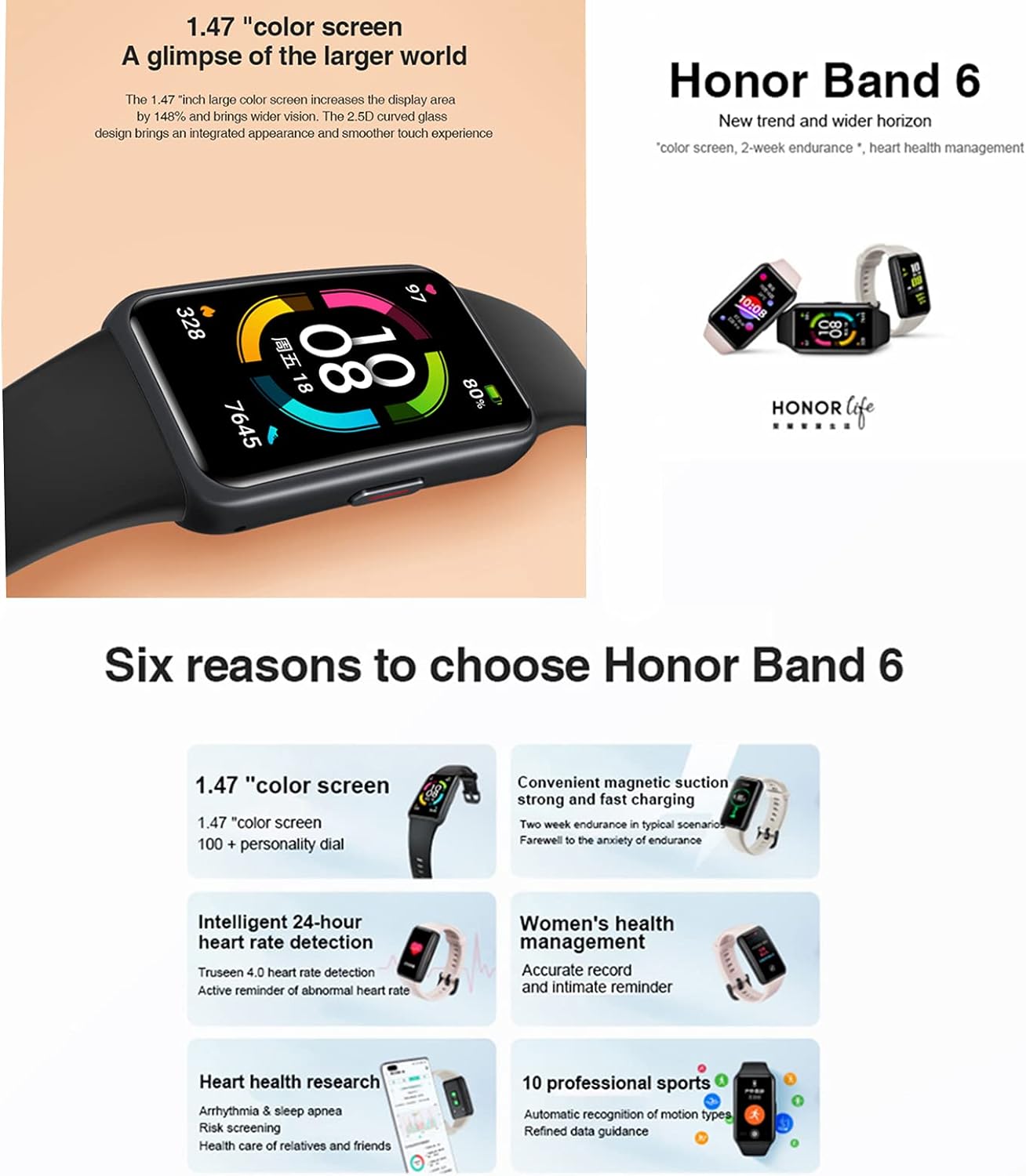 HONOR Band 6 Smart Wristband 1st Full Screen 1.47inches AMOLED Color Touchscreen SpO2 Swim Heart Rate Sleep Nap Stress All in One Activity Tracker 5ATM Waterproof Standard Version gray, Grey