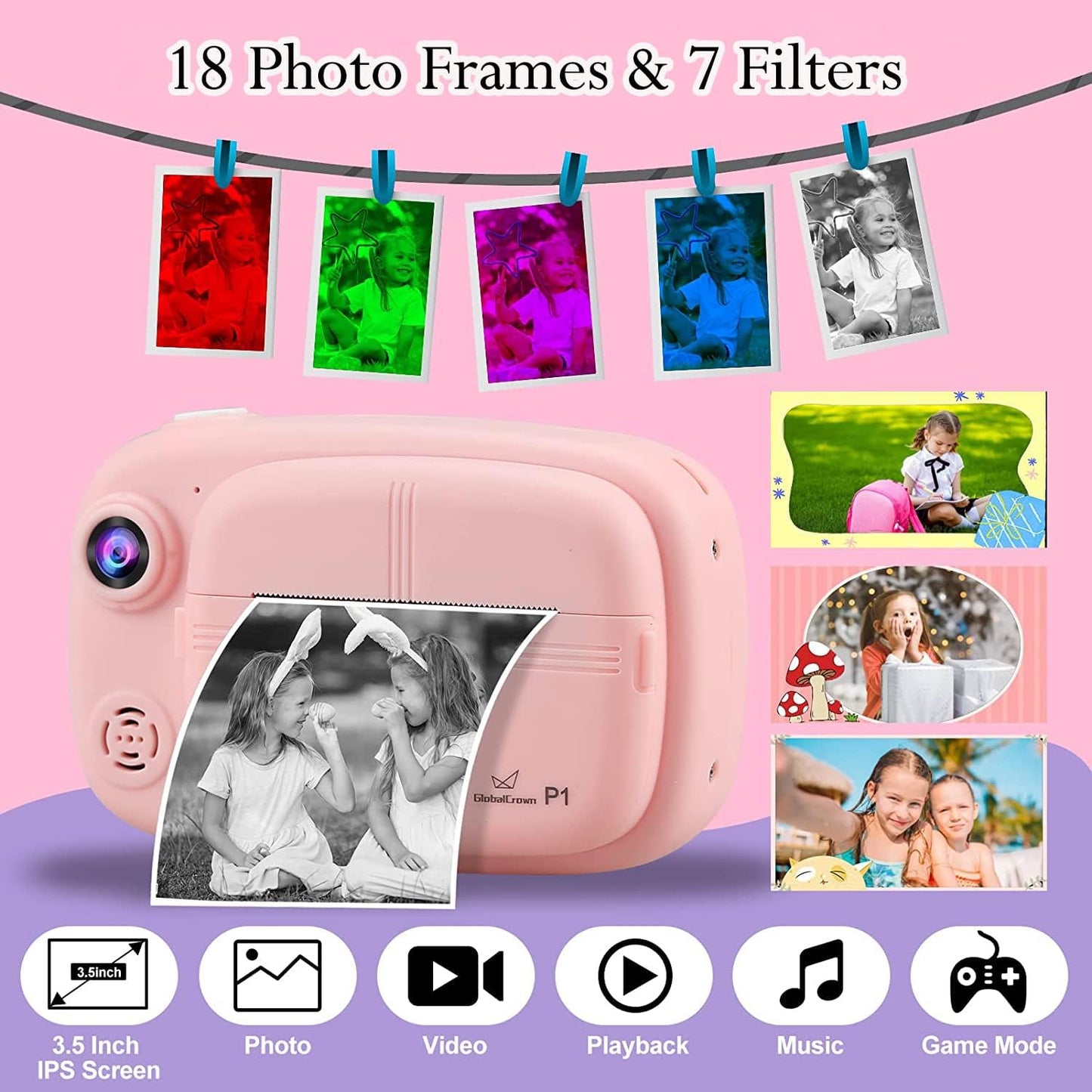 GlobalCrown Instant Camera for Kids,Camera Instant Print 3.5 Inch Screen Video Child Digital Instant Photo Cameras Gifts for Boys Girls (Included 4 Rolls of Printing Paper and 32GB Card)