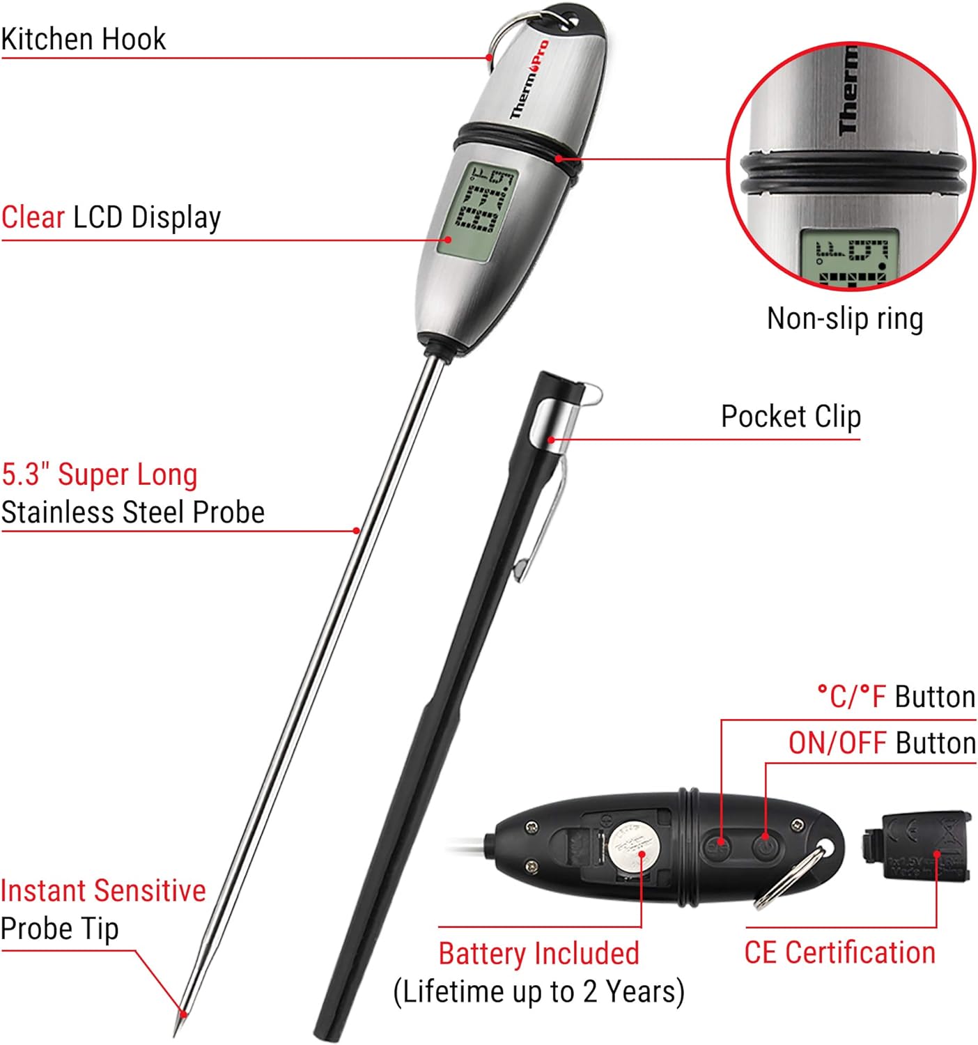 Instant Read Meat Thermometer ThermoPro TP-02S Digital Cooking Food Thermometer with Super Long Probe for Grill Candy Kitchen BBQ Smoker Oven Oil Milk Yogurt Temperature