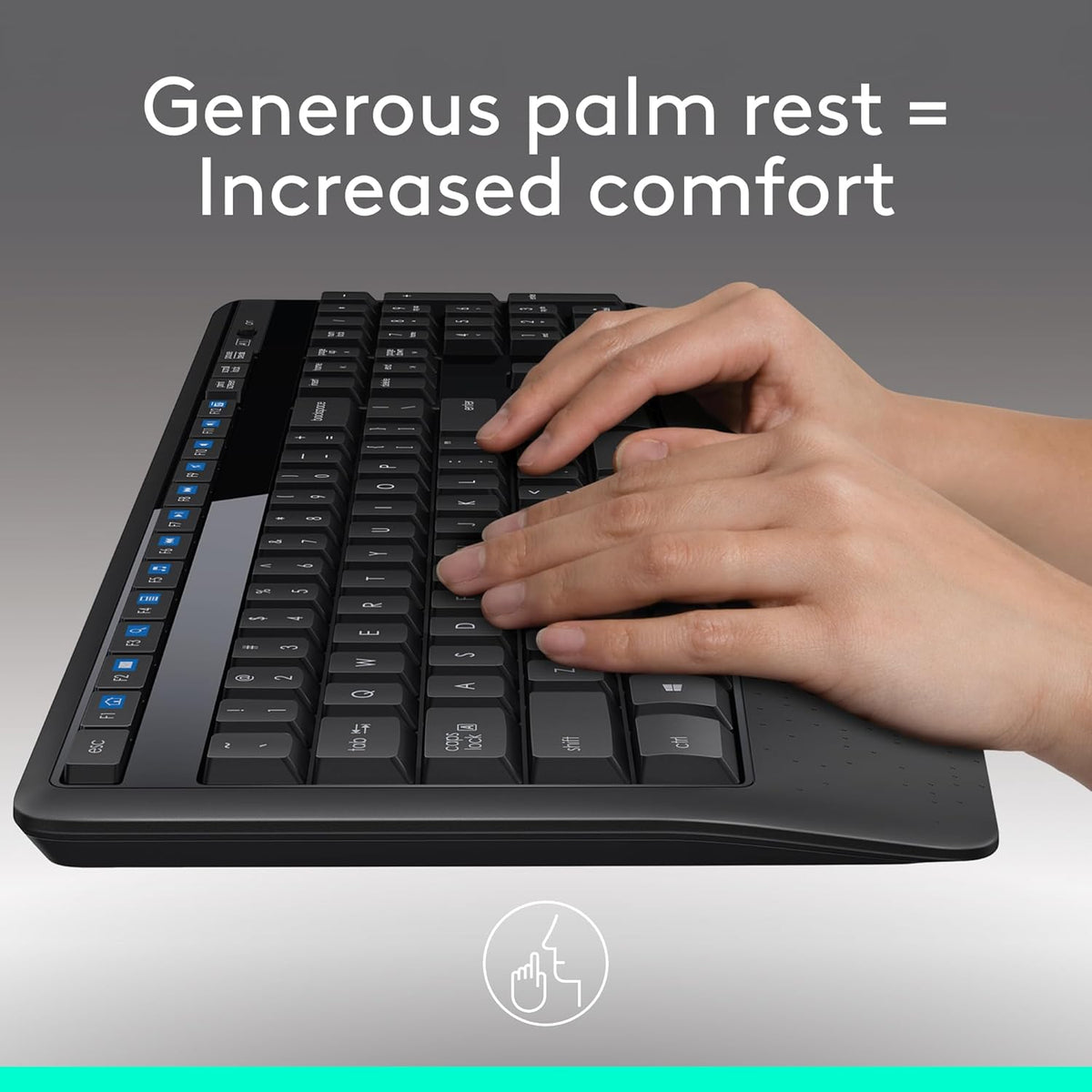 Logitech MK345 Full Size Wireless Keyboard and Mouse Combo - Black Full size keyboard with integrated palm rest, compact right handed mouse, connect via single included USB-A Nano Receiver