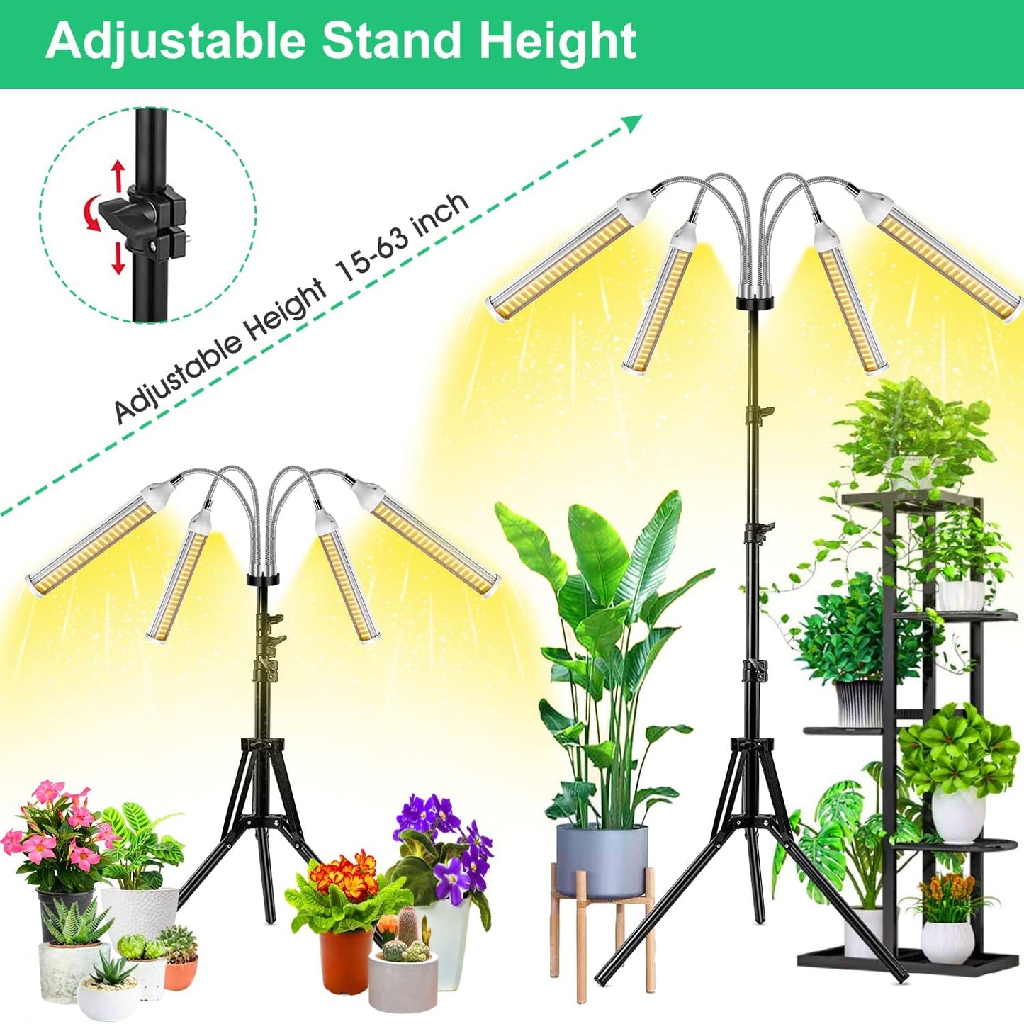 Garpsen Plant Lamp LED with Stand, 420 LEDs Full Spectrum Plant Light for Indoor Plants, 4 Heads Grow Lamp with Adjustable Tripod, 3/6/12H Timer, 4 Types of Mode, 5 Brightness Levels