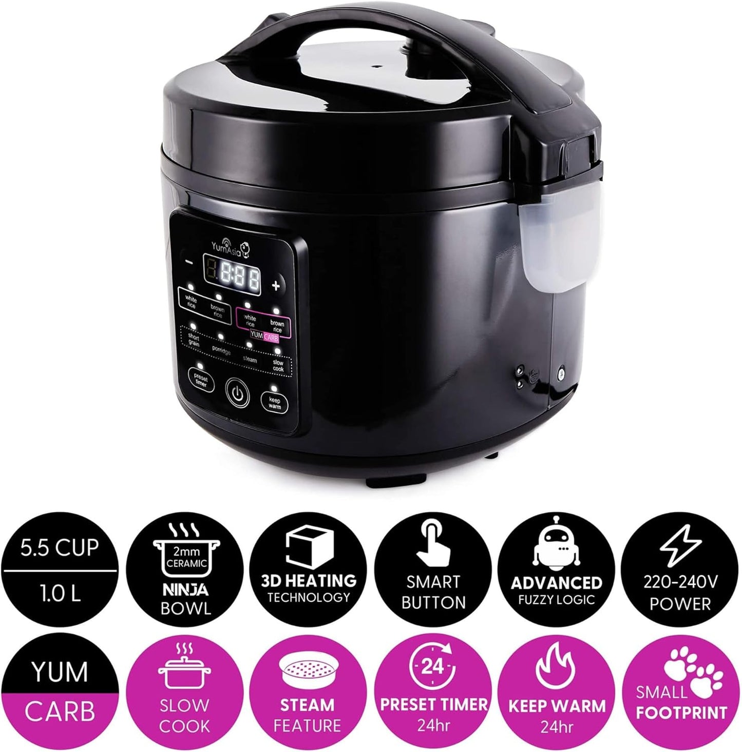 Yum Asia Kumo YumCarb Rice Cooker with Ceramic Bowl and Advanced Fuzzy Logic (5.5 Cups, 1 Litre), 5 Rice Cooking Functions, 3 Multi Cooking Functions, 220-240V EU