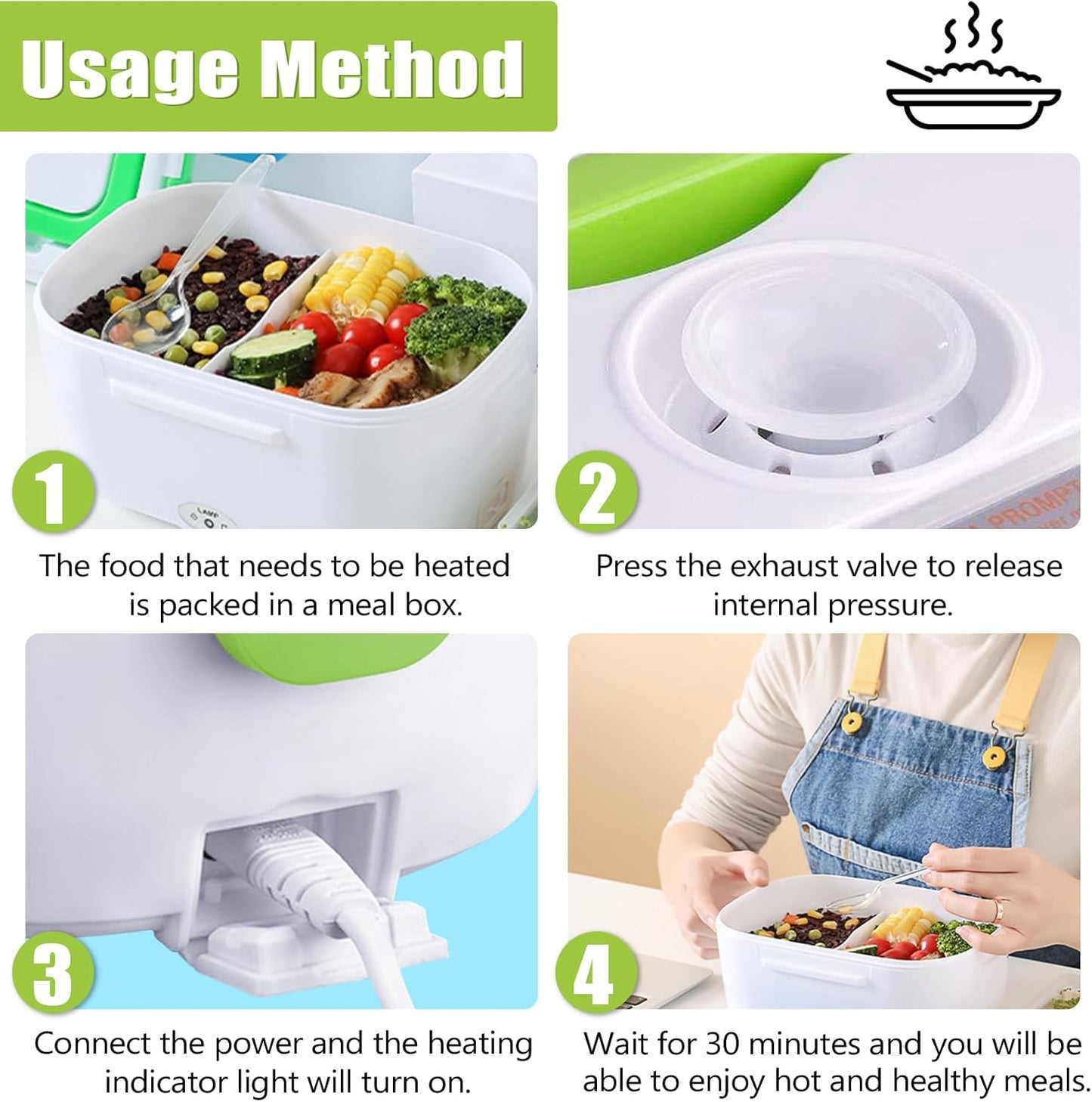 Electric Lunch Box 220V Food Heating Lunch Hot Box Portable Insulated Bento Box Electric Lunch Container for Office Travel Home (Green)