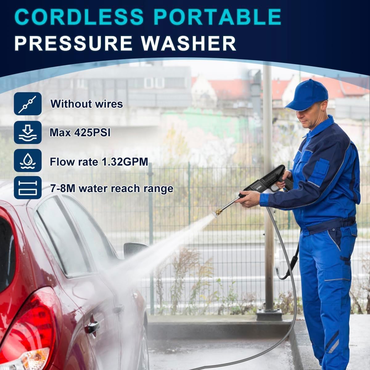 Cordless Pressure Washer Gun, 48V Lithium Battery Power Washer, 500PSI High Pressure Cordless Power Washer, Portable Pressure Washer with 6-in-1 Nozzle, Handheld Power Washer for Car,Garden,Home