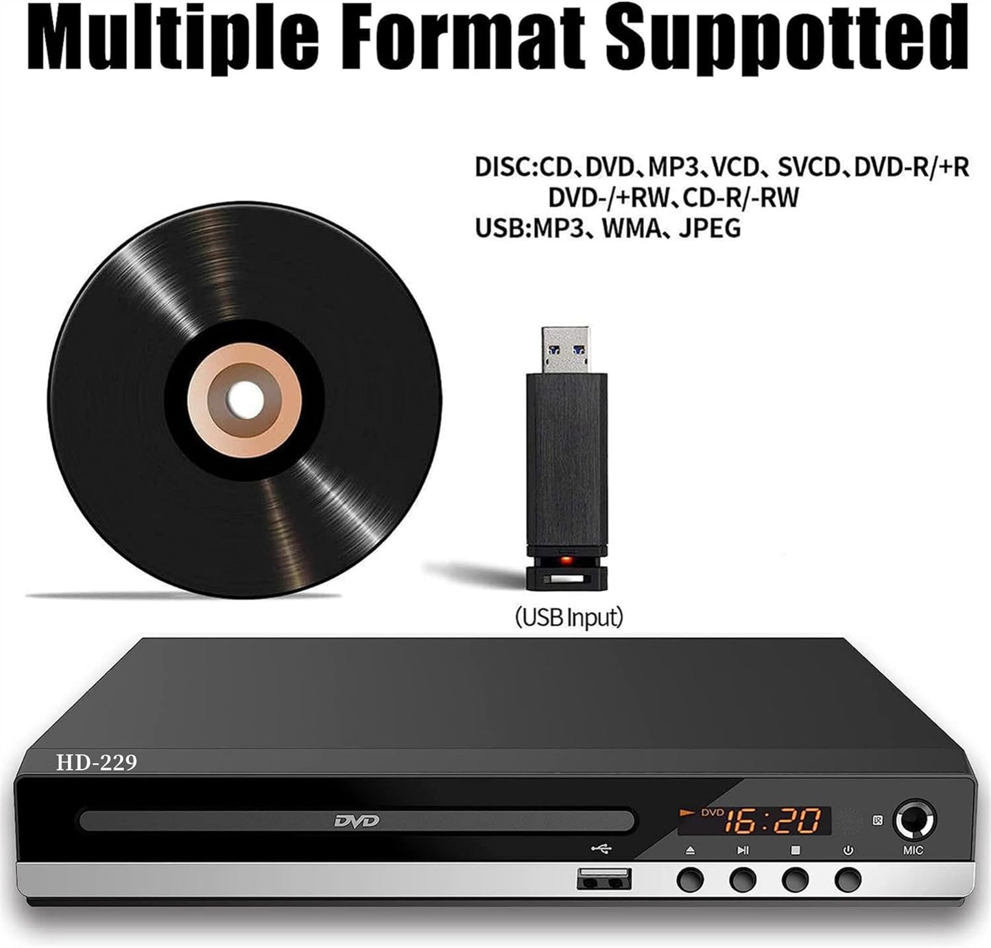 TV DVD Player, DVD Player with HDMI/AV Outputs, DVD Player for All Regions, Supports 1080P Full HD USB Multimedia Player Functions for Home, Remote Control