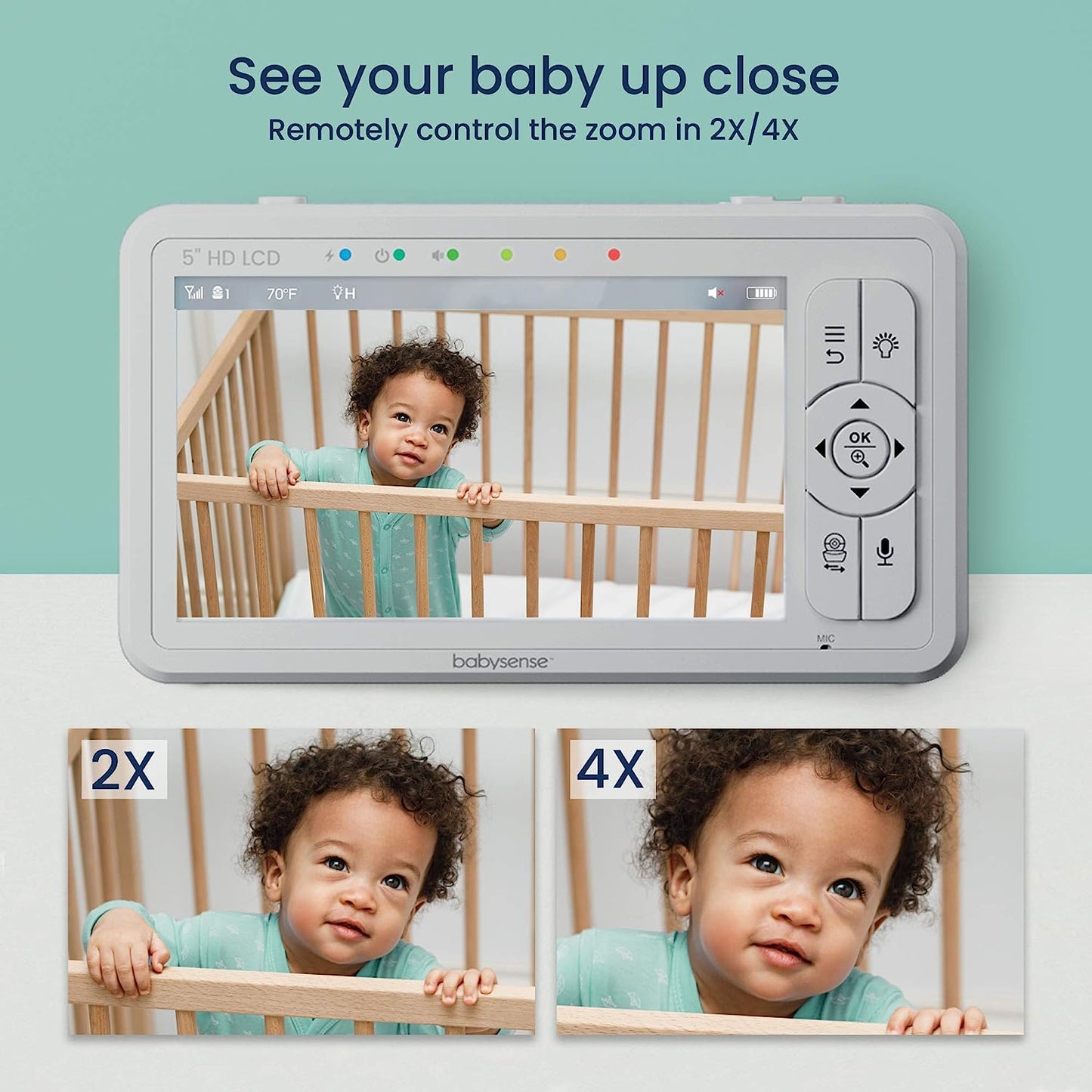 Babysense 5" HD Split-Screen Baby Monitor, Video Baby Monitor with Camera and Audio, Two HD Cameras with Remote PTZ, Night Light, 960ft Range, Two-Way Audio, 4X Zoom, Night Vision, 4000mAh Battery