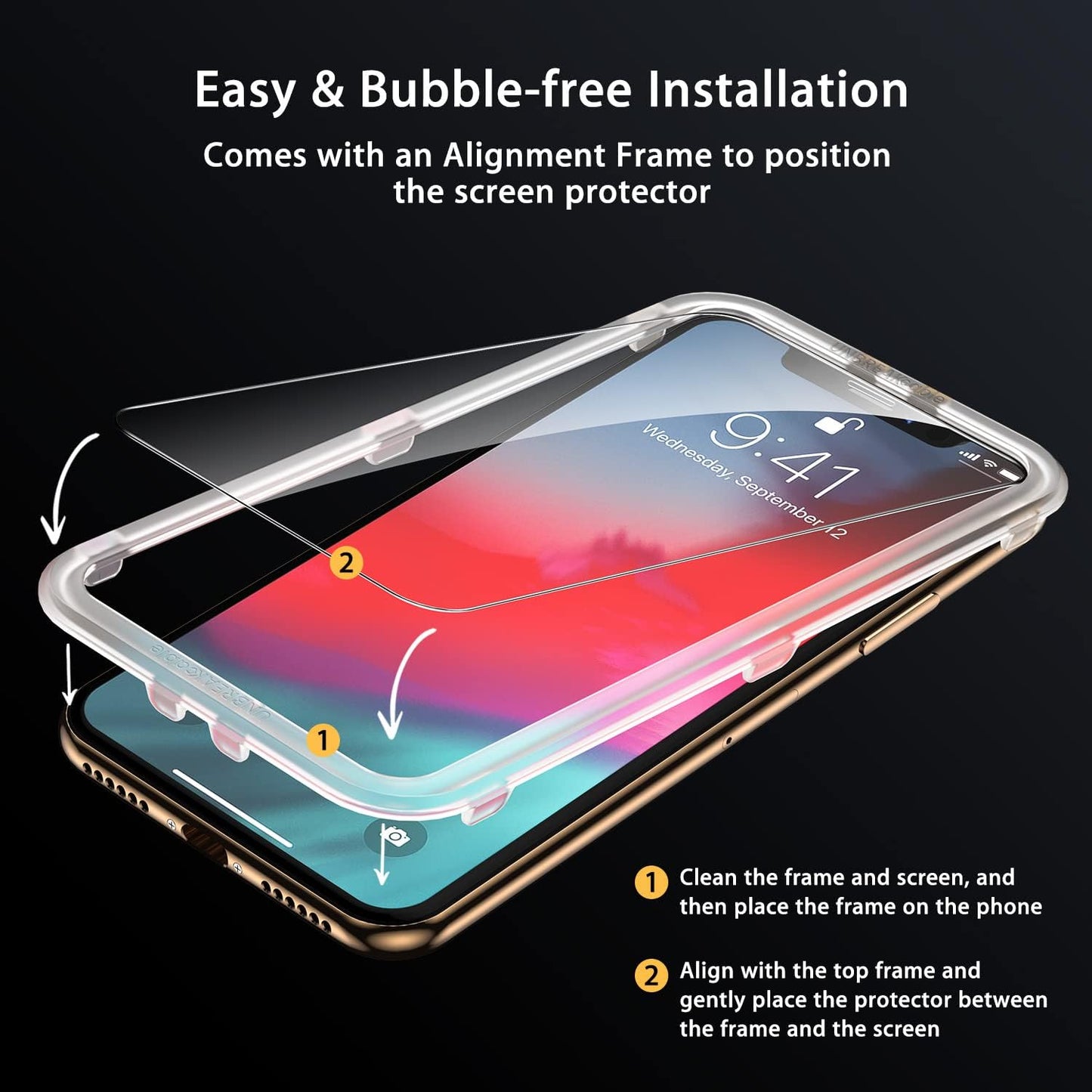 UNBREAKcable 2Pcs Screen Protector for iPhone X/XS/ 11 Pro, Double Defense Series Shatterproof Tempered Glass [Easy Installation Frame] [99.99% HD Clear] [9H Hardness] for iPhone 5.8 inch - 2 Pack