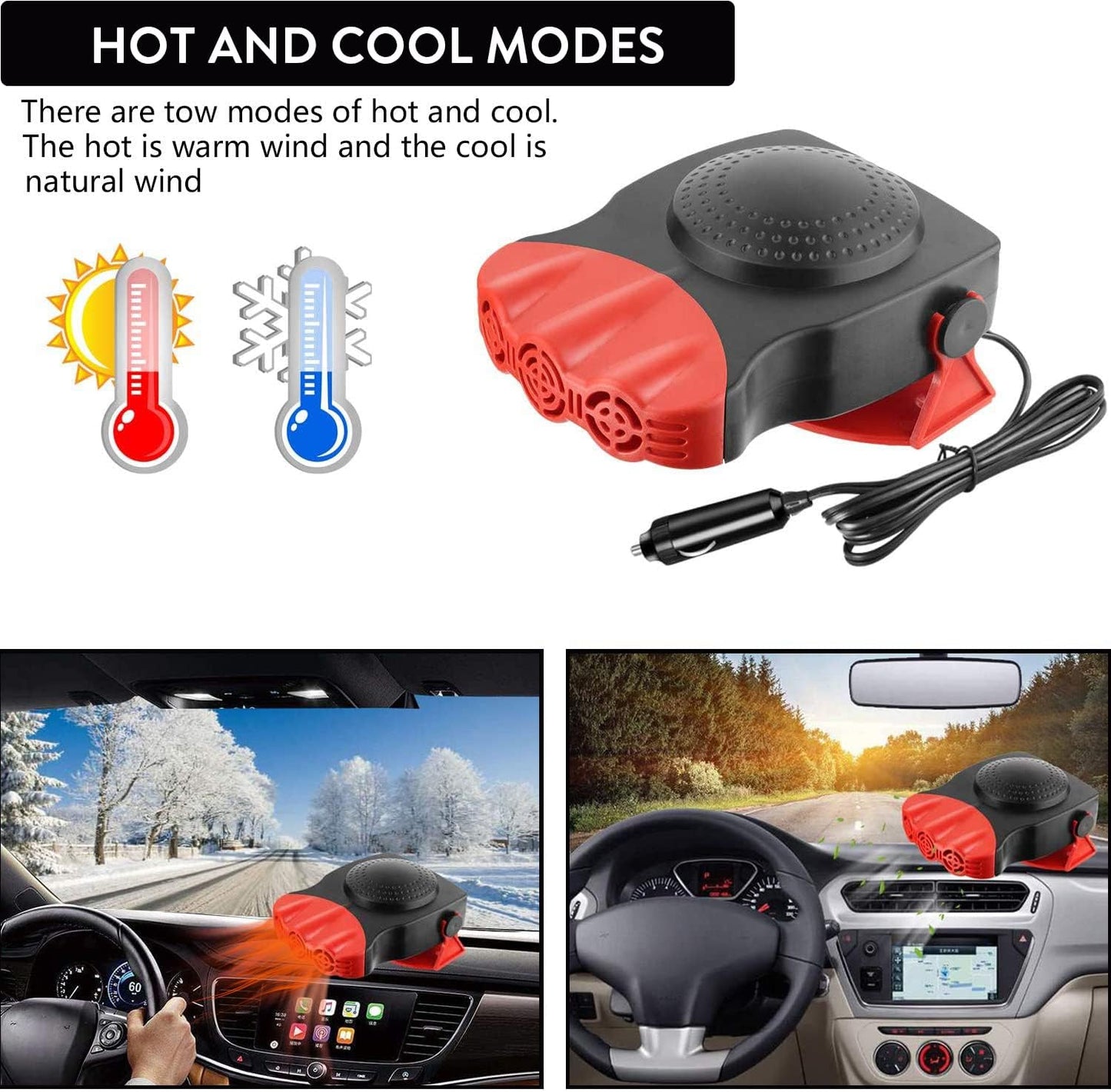 Showvigor Portable Car Heater Defogger Red, 2 in 1 Cooling & Heating Car Fan Vehicle Electronic Air Heater Defrost 12V 150W, 3-Outlet Fans, Automobile Windscreen Fan