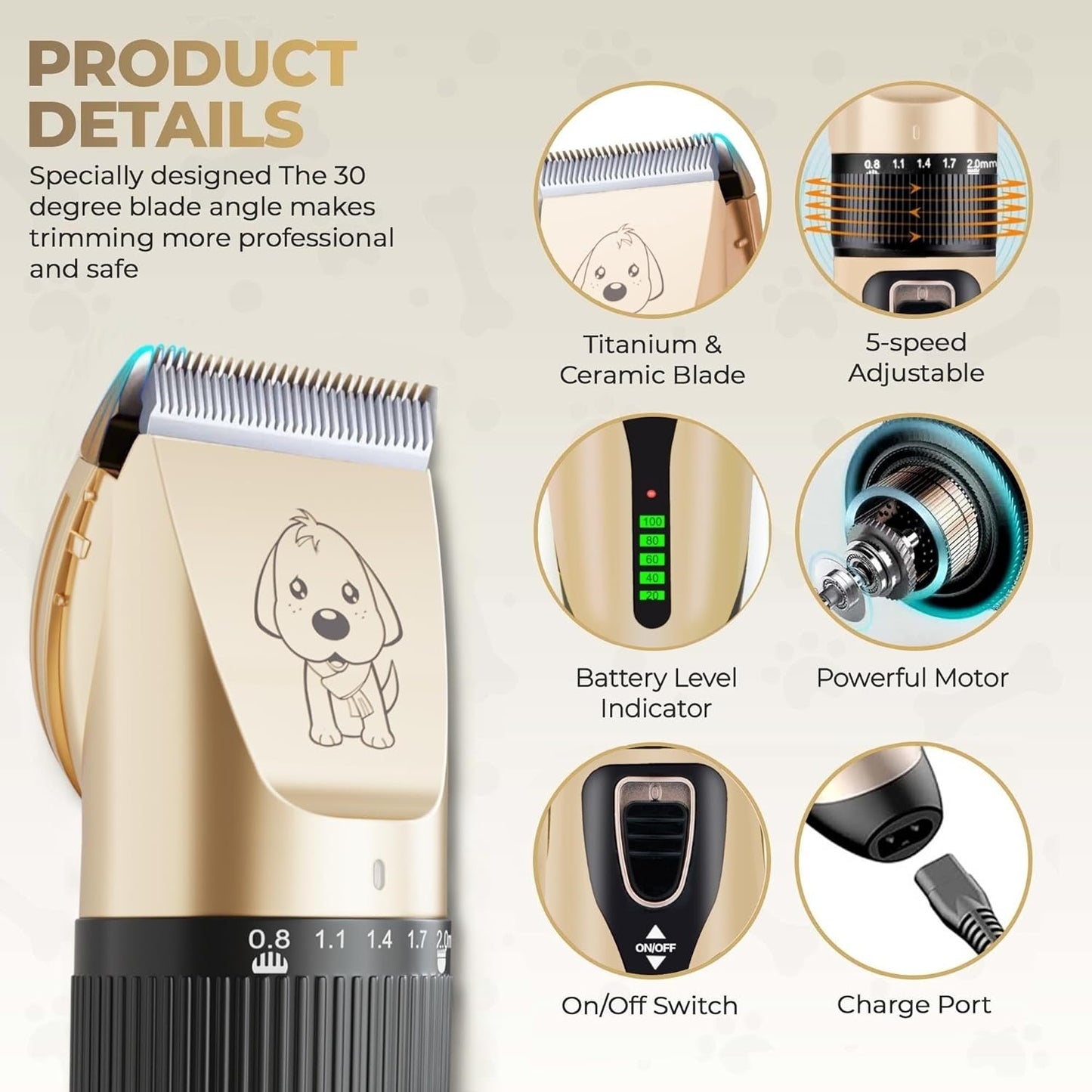 Dog Clippers Professional Grooming Clipper Kit - Rechargeable Low Noise Cordless Pet Clippers - Professional Dog Pet Hair Trimmer Kit for Dogs, Cats and Other Pets