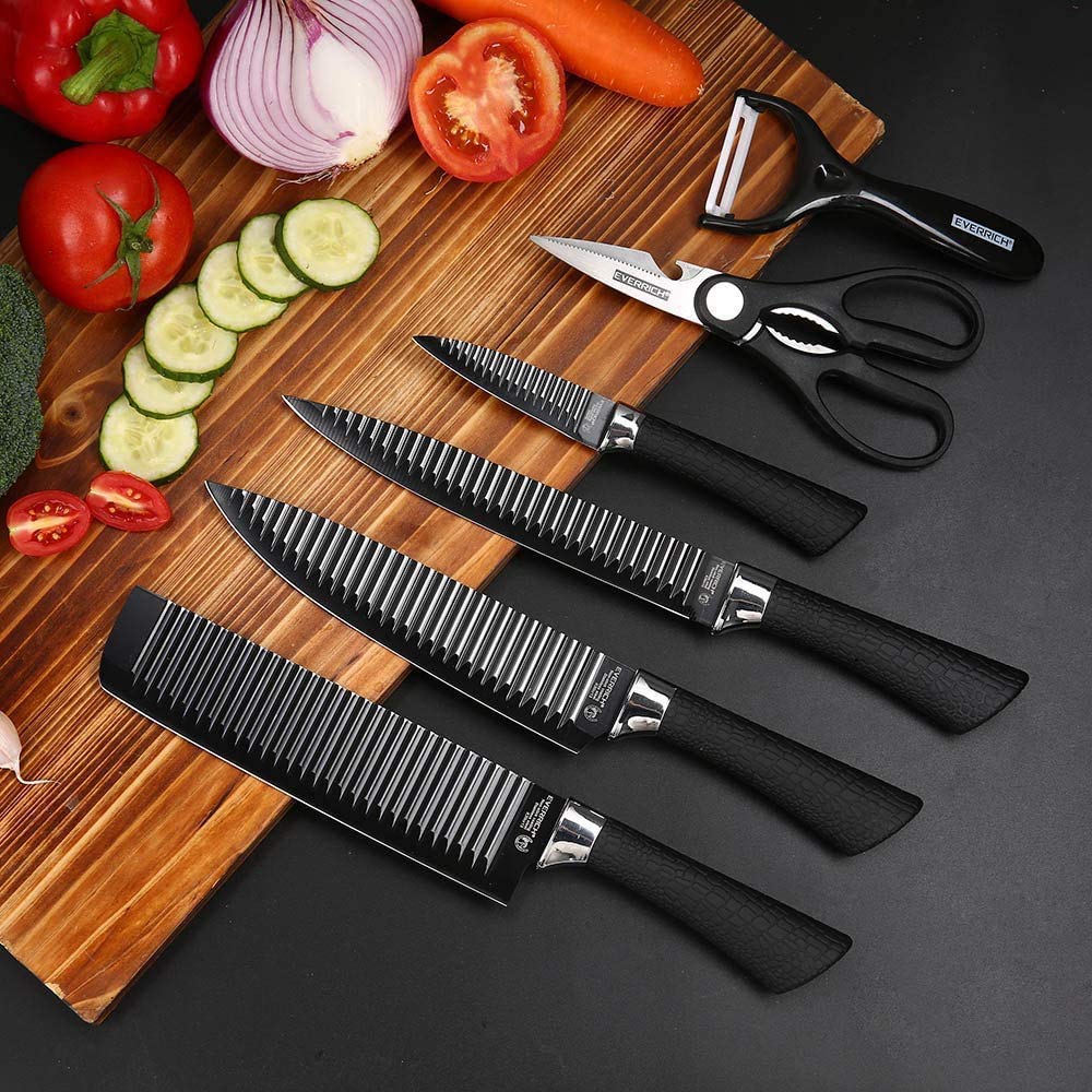 EVERIERH 6 Pieces Black Knife Set, Stainless Steel and Non-Stick Blades, Including Peeler and Scissor, Kitchen Cutlery Knives Set, Cooking Utensil Sets, Daily Use with Gift Box