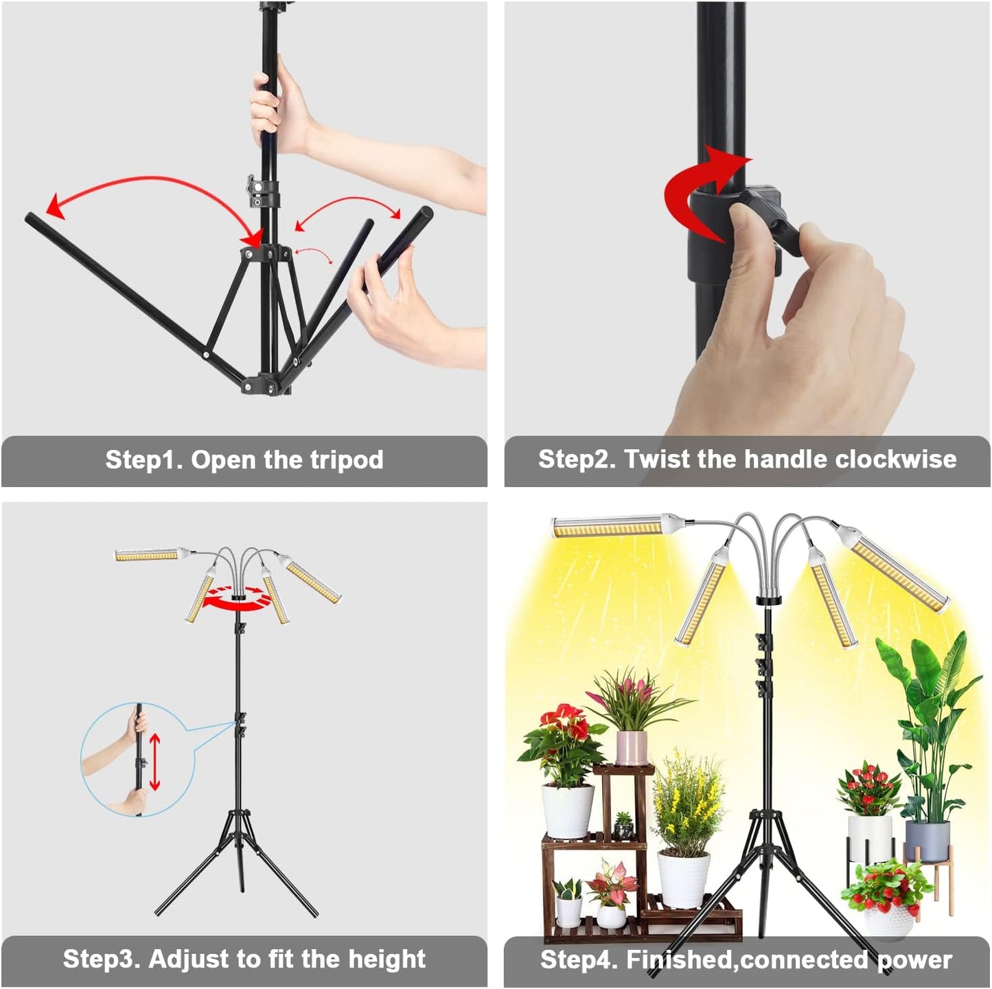 Garpsen Plant Lamp LED with Stand, 420 LEDs Full Spectrum Plant Light for Indoor Plants, 4 Heads Grow Lamp with Adjustable Tripod, 3/6/12H Timer, 4 Types of Mode, 5 Brightness Levels