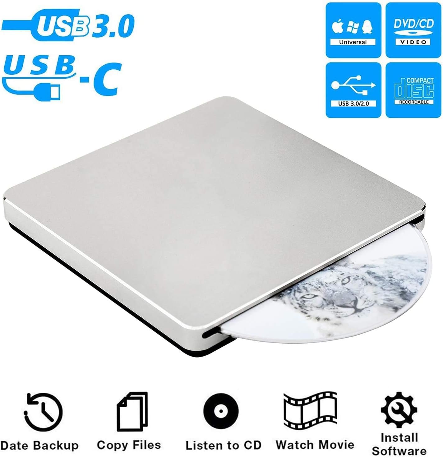 Guamar External CD DVD Drive USB 3.0/USB C Slot-in Burner Player for Laptop Mac Windows 10/7/8 PC | High Speed, Easy to Use