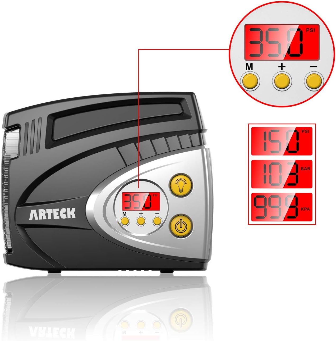 Tire Inflator, Arteck Portable 12V DC Tire Air Compressor Pump 150 PSI, Portable Digital Auto Tire Inflator with Gauge for Car, Bicycle, Motorcycle, Basketball and Others