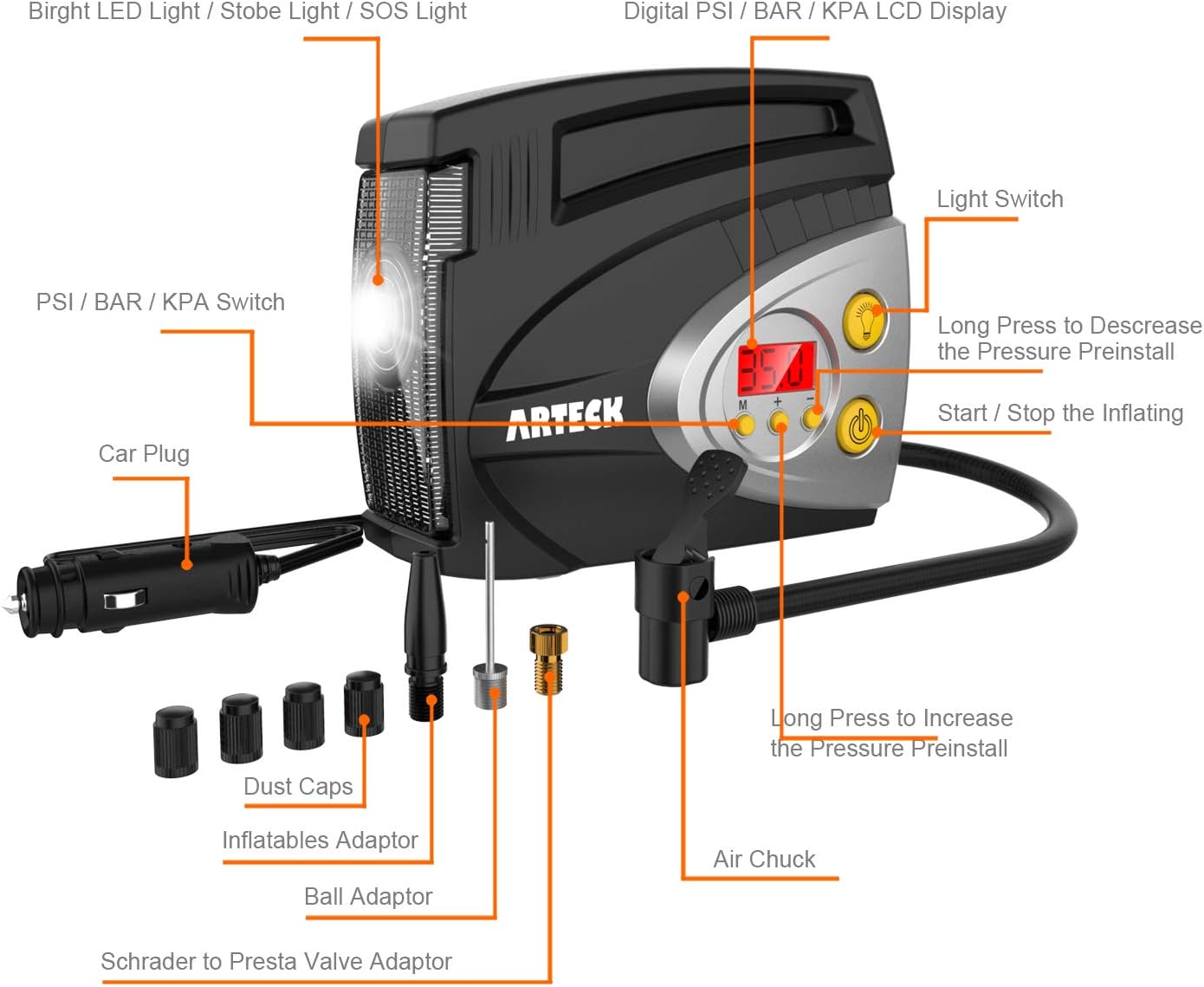 Tire Inflator, Arteck Portable 12V DC Tire Air Compressor Pump 150 PSI, Portable Digital Auto Tire Inflator with Gauge for Car, Bicycle, Motorcycle, Basketball and Others