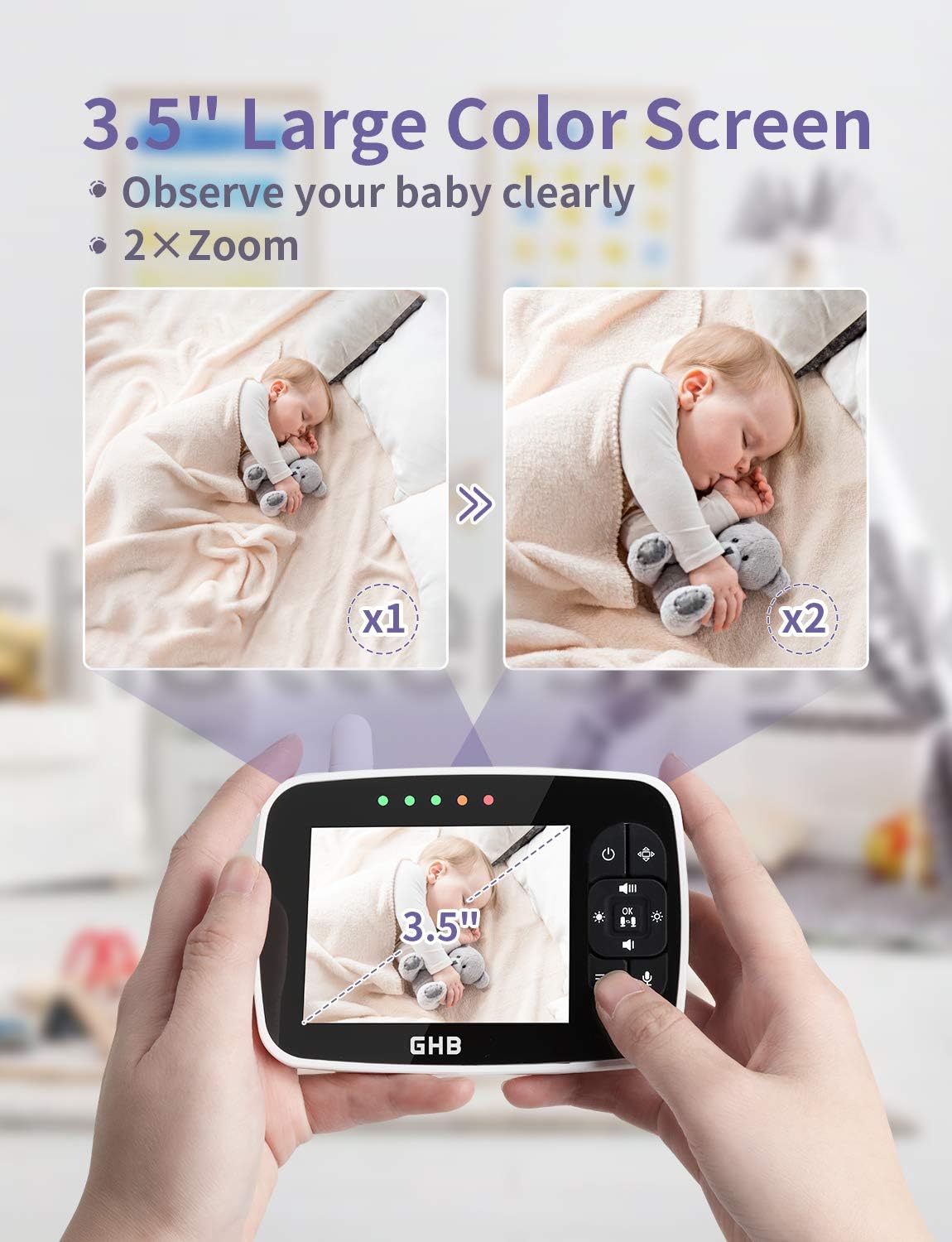 GHB Baby Monitor 3.5-inch Video Baby Monitor with Camera Infrared Night Vision Temperature Display Lullaby Function 2-Way Talk Feeding Alarm Clock