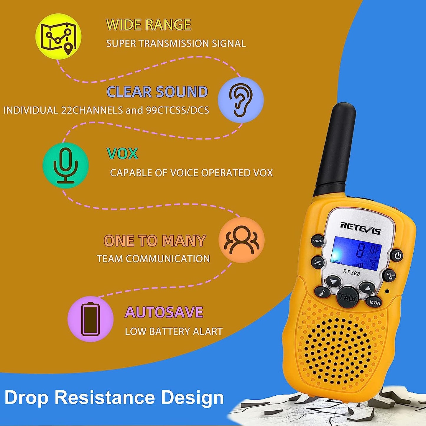 Retevis RT-388 Walkie Talkies for Kids,22 Channels Long Range Kids Toys with Flashlight,Christmas Gifts Boys Girls Outdoor Indoor Cosplay Camping Hiking Skating(Yellow,2 Pack)