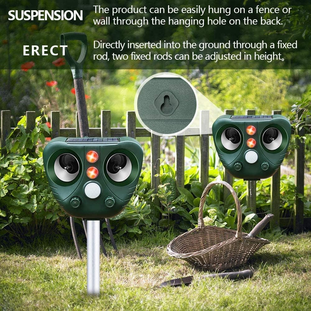 Ultrasonic Cat Repellent, Garden Fox Solar Powered & Waterproof Animal Deterrent, Flashing Light and USB Charge for Cats, Dogs, Squirrel, Rat, Foxes, Snake, Deer, Wild Animals