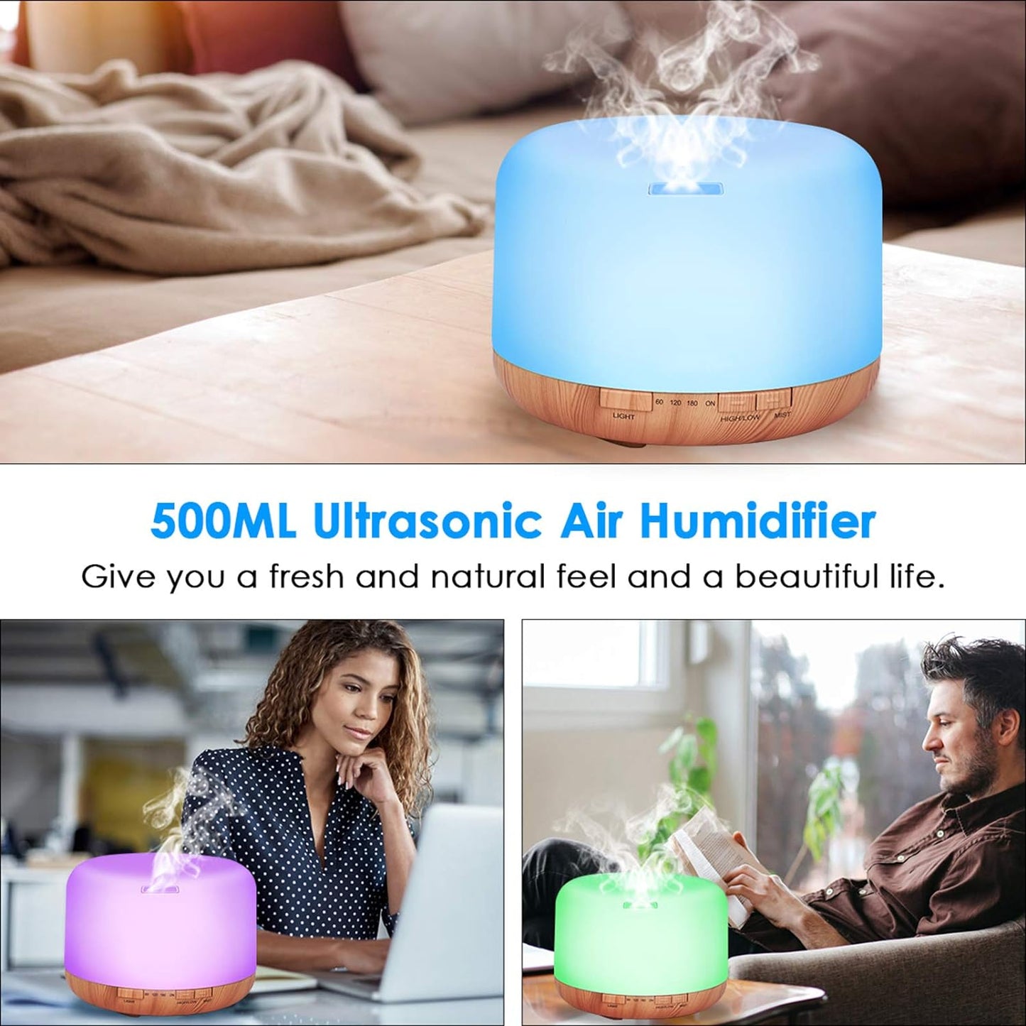 Diffuserlove Essential Oil Diffuser 500ML Remote Control Ultrasonic Aromatherapy Diffuser Cool Mist Humidifiers with Mute Design, Timer and Waterless Auto Shut-Off, 7 Color LED for Office Living Room