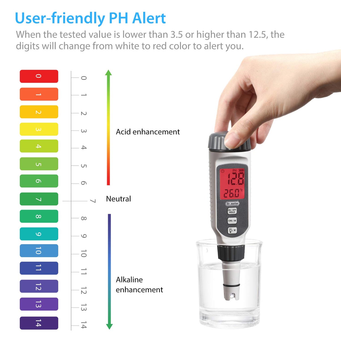 pH Meter, Dr.meter Upgraded 0.01 Resolution High Accuracy PH Tester with Backlit Two-Color LCD Display and ATC, 0-14pH Measurement Range with Data Hold Function Digital pH Tester Pen-PH838