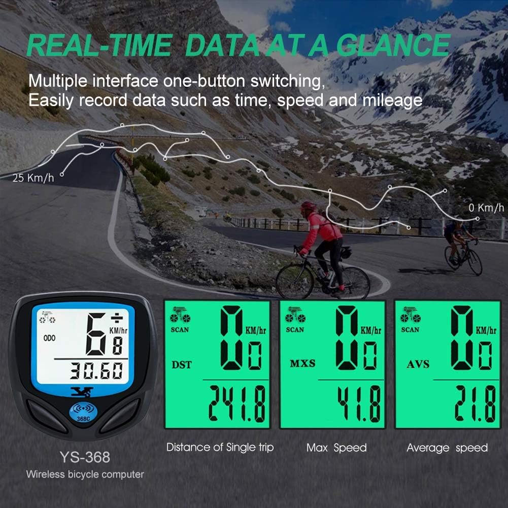 DINOKA Bike Speedometer Waterproof Wireless Bicycle Computer Bike Computer and Cycling Odometer with Automatic Wake-up Multi-Function LCD Backlight Display