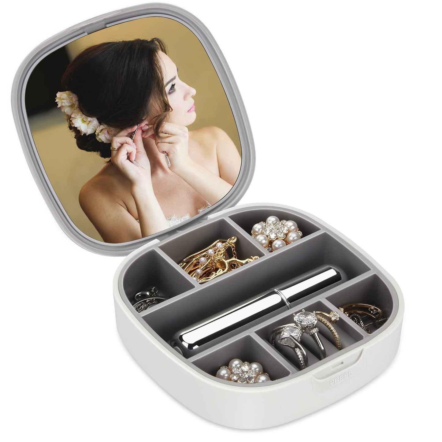 Portable Jewelry Organizer, Convenient Mini Travel Jewelry Box Makeup Mirror Tangle Proof Ring, Necklace, Earring Jewelry Storage Box