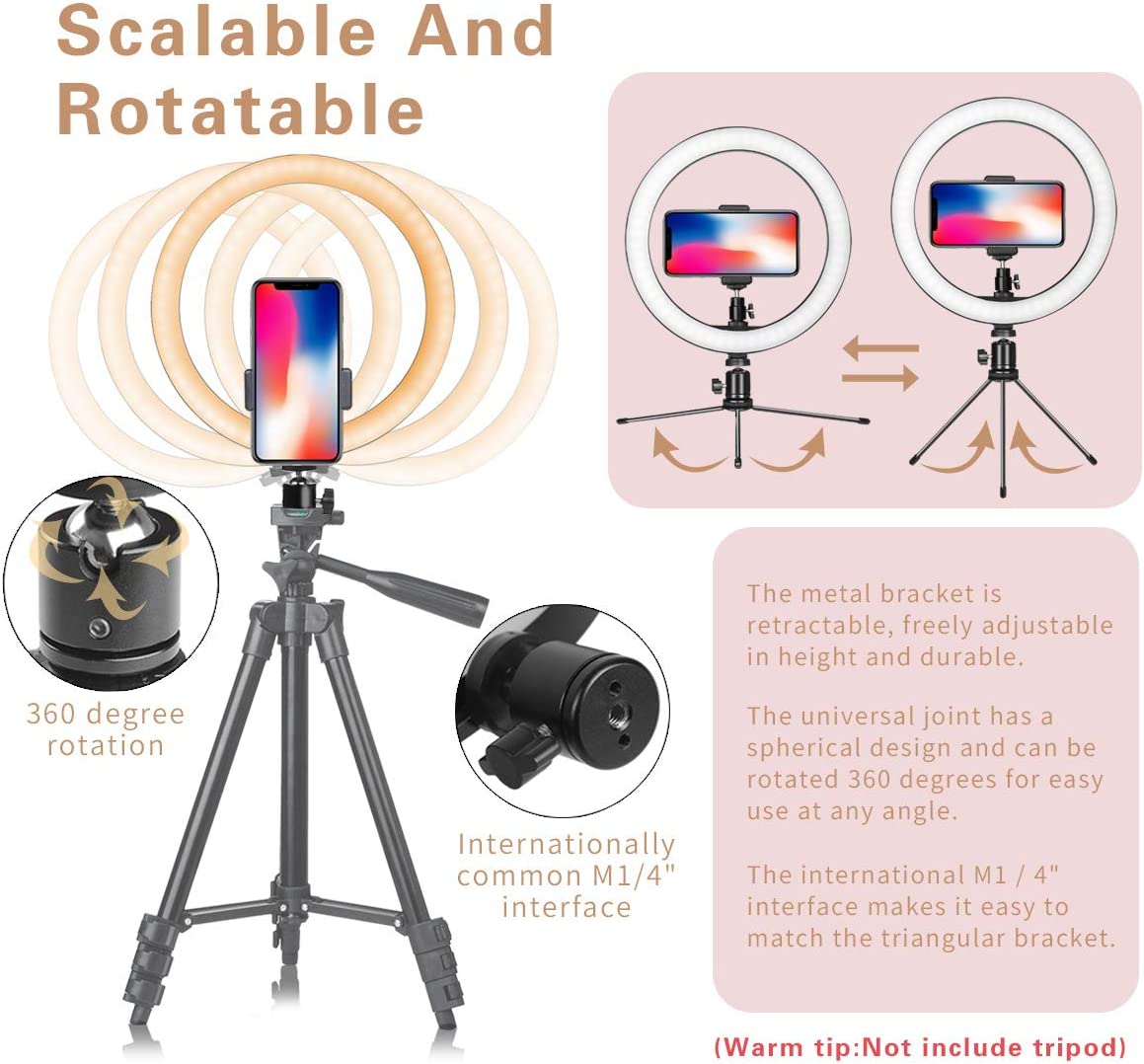 LED Ring Light 10" with Tripod Stand & Phone Holder for Live Streaming & YouTube Video, Dimmable Desk Makeup Ring Light for Photography, Shooting with 3 Light Modes & 10 Brightness Level