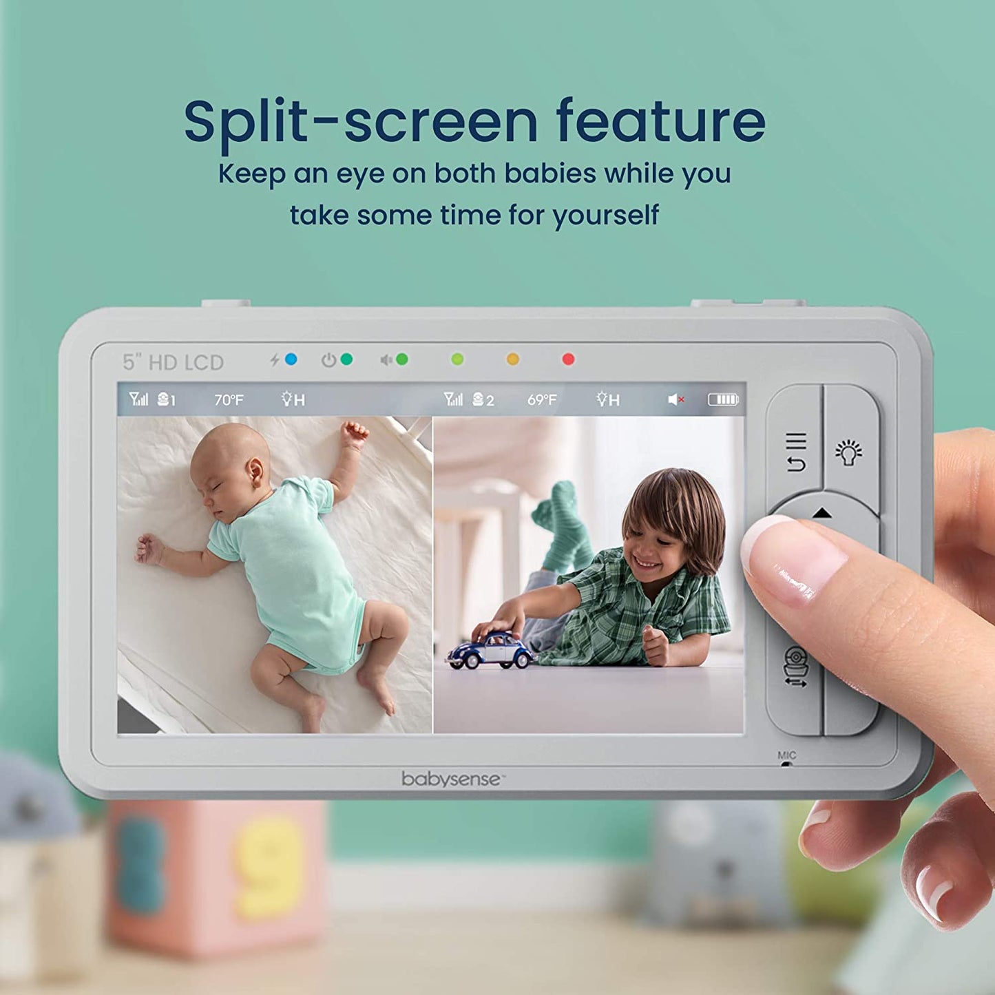 Babysense 5" HD Split-Screen Baby Monitor, Video Baby Monitor with Camera and Audio, Two HD Cameras with Remote PTZ, Night Light, 960ft Range, Two-Way Audio, 4X Zoom, Night Vision, 4000mAh Battery