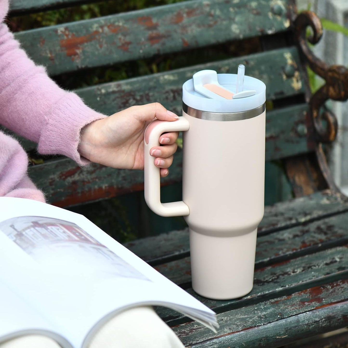 Tumbler with Handle and Straw Lid| Insulated Cup Reusable Stainless Steel Travel Mug Cup Holder Friendly | Gifts-Women,Men| Iced Coffee Hot and Cold Tea 1200ml