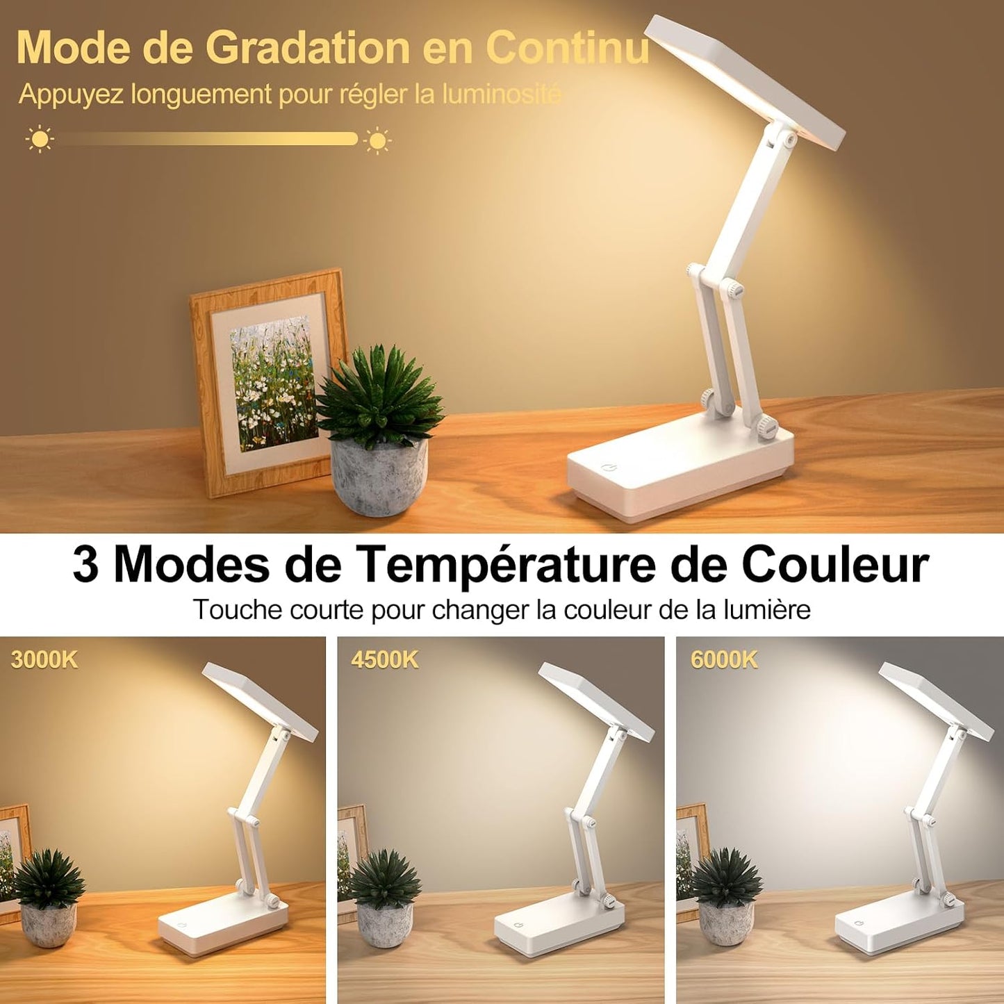 Desk Lamp, Wireless Table Lamp, Portable & Foldable Lamp, Bedside Lamp with 3 Brightness & Dimmable, Rechargeable LED Lamp, 2400 mAh for Bedroom, Reading, Office