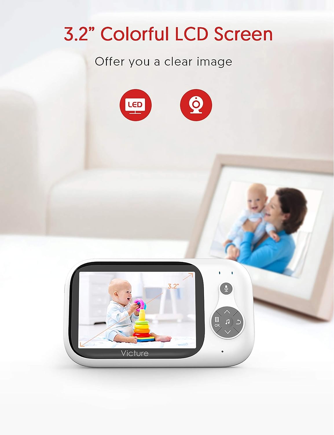 Victure Baby Monitor,Video Baby Monitor with Camera and 2 Way Audio,Infrared Night Vision 3.2" LCD Screen 2.4GHz Wireless Transmission Temperature Sensor Auto Wake-up VOX Mode 8 Lullabies Long Range