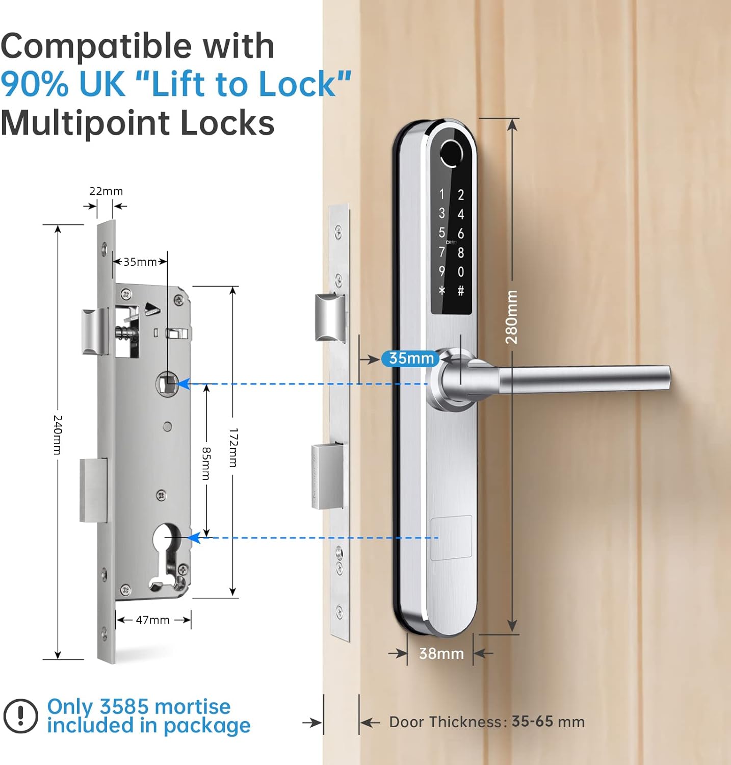 Ruveno Slim Smart Fingerprint Door Lock with Handles, Keyless Entry Door Lock, Bluetooth Fingerprint Keypad Card Keyless Unlock for Aluminum Swing Wooden Door(Grey)