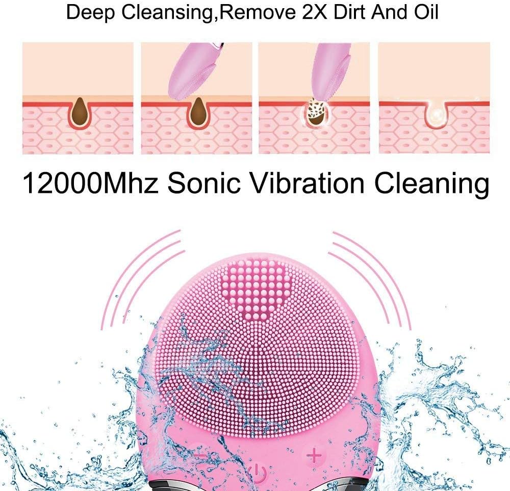 Sonic Silicone Facial Cleansing Brush - Electric Face cleaner Scrubber Massager for Gentle Exfoliating, Deep Cleanse, Skin Care - IPX7 Waterproof and Rechargeable (Pink)