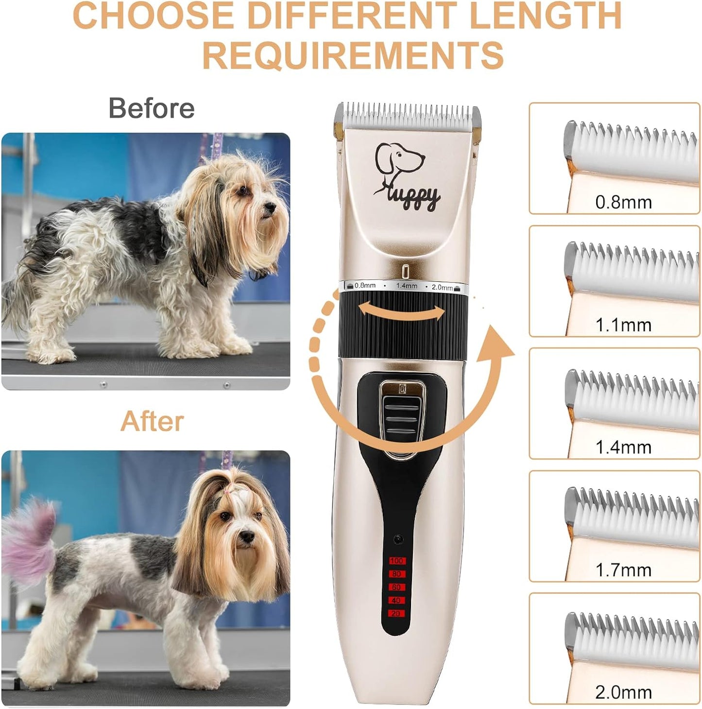 Dog Clippers, 12 Pack 3 Speeds Professional Dog Grooming Clippers Kit, Low Noise Rechargeable Cordless Dog Grooming Kit, Hair Trimmer for Dogs, Cats and Other Animals