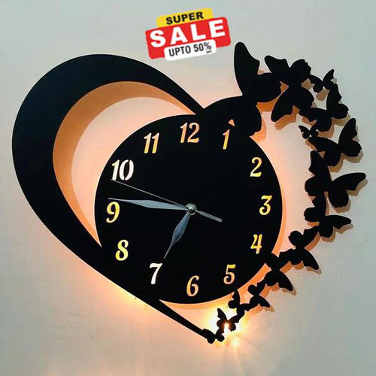 Heart Wooden Clock With Premium Light I The New Wooden Wall Clock Big Size I Wall Clock I Wooden Wall Clock I Wall clocks for bedroom I Wall Clocks for drawing room I Wooden Wall Clocks for bedroom