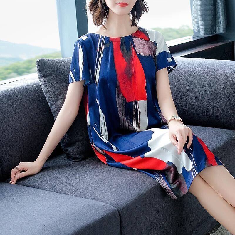 New Women Summer Faux Silk Loose Casual Dress Elegant Office Lady Plus Size O-Neck Dresses Female Vintage