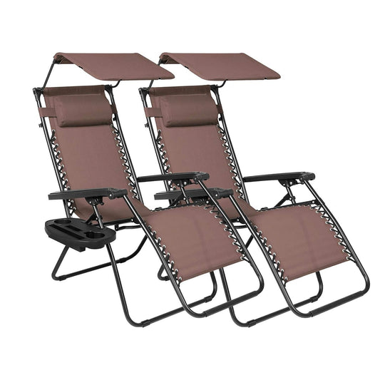 Zero Gravity Chairs Set of 2 Clearance with Sunshade Canopy and Cup Holder Tray Padded Adjustable Antigravity Lounge Folding Chair Patio Lounge Chair for Outdoor, Camping, Patio, Lawn, Brown